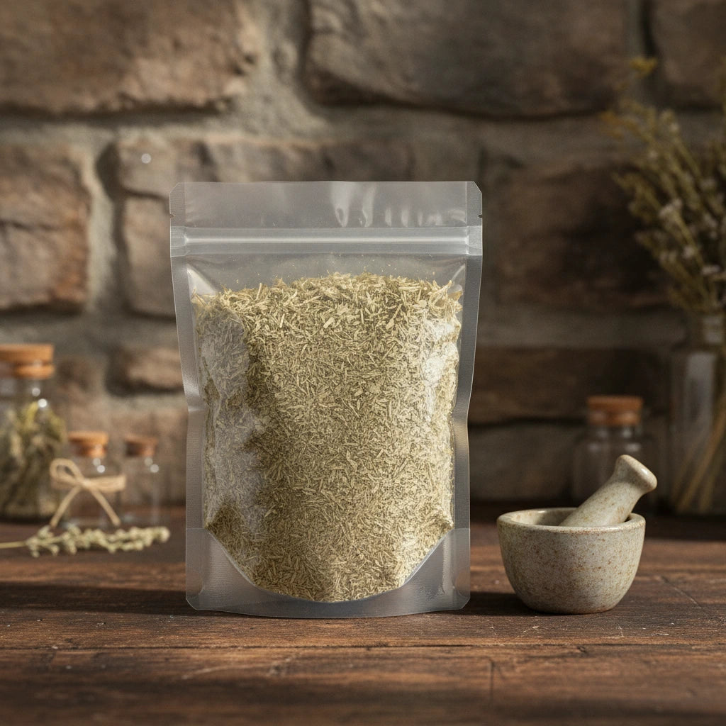 Nettle Root Cut (Urtica dioica) | The herb/berry/powder/fruit/root/bark that is in the black bowl, i would like it to shown in a plastic stand up resalable pouch that is clear.