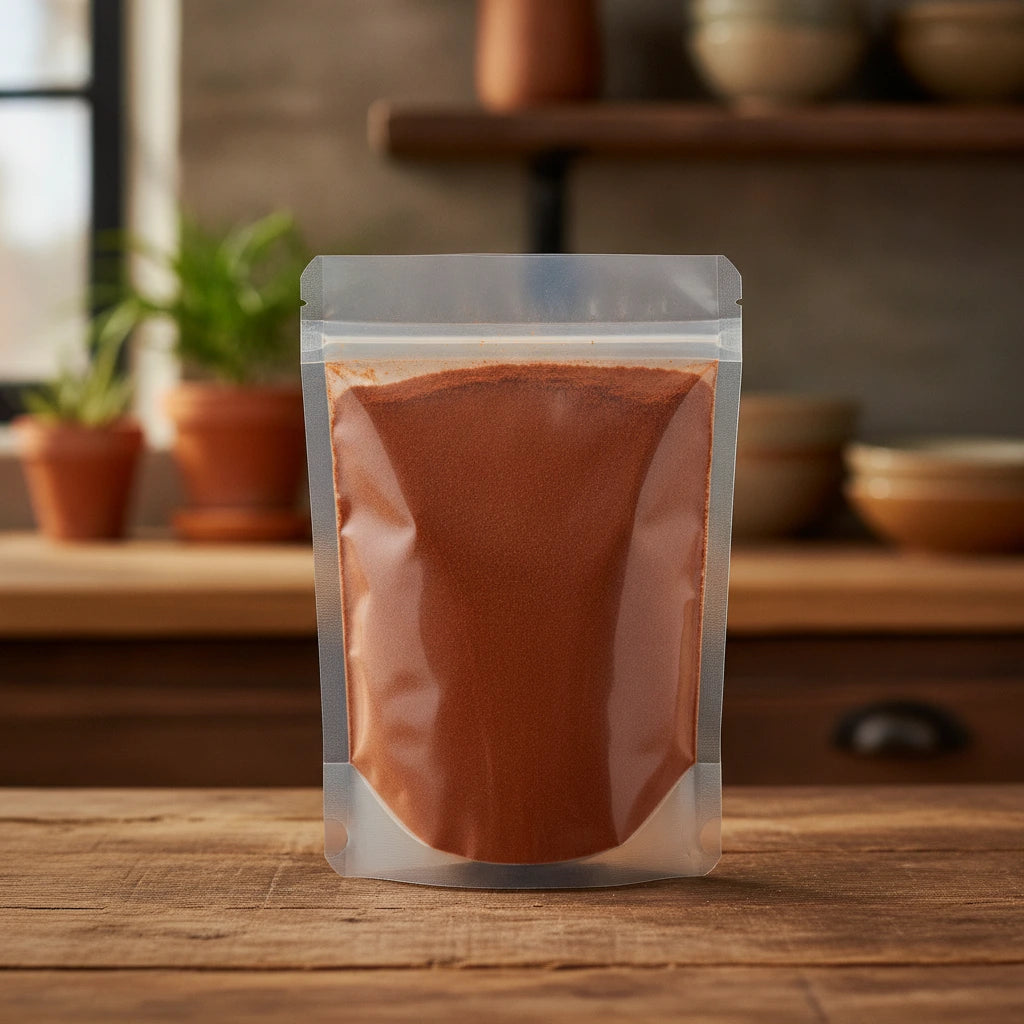 New Mexico Chili Pepper Powder (Capsicum Annuum) | The herb/berry/powder/fruit/root/bark that is in the black bowl, i would like it to shown in a plastic stand up resalable pouch that is clear.