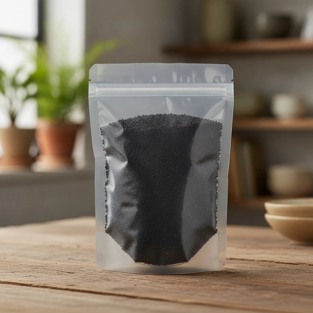 Nigella Seed Whole (Black Cumin) (Nigella Sativa) | The herb/berry/powder/fruit/root/bark/seeds that is in the black bowl, i would like it to shown in a plastic stand up resalable pouch that is clear.