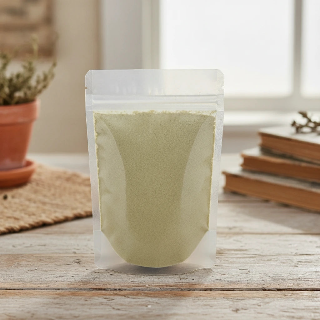 Oatstraw Powder (Avena Sativa) | The herb/berry/powder/fruit/root/bark that is in the black bowl, i would like it to shown in a plastic stand up resalable pouch that is clear.