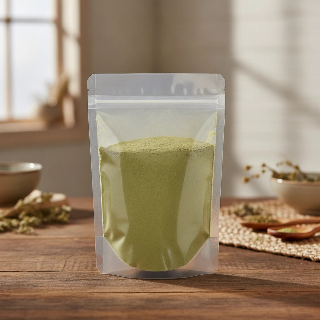 Olive Leaf Powder (Olea Europaea) | The herb/berry/powder/fruit/root/bark that is in the black bowl, i would like it to shown in a plastic stand up resalable pouch that is clear.