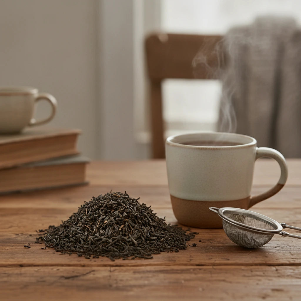 Oolong Tea (Camellia Sinensis) | Can you show this tea outside of the bag and bowl, on a table next to a hot tea cup in a rustic home.