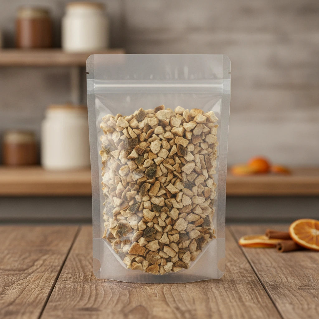 Orange Peel Bitter Cut (Haiti) (Citrus Aurantium) | The herb/berry/powder/fruit/root/bark that is in the black bowl, i would like it to shown in a plastic stand up resalable pouch that is clear.