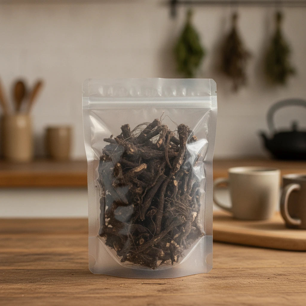 Osha Root Whole (Ligusticum Porteri) | The herb/berry/powder/fruit/root/bark that is in the black bowl, i would like it to shown in a plastic stand up resalable pouch that is clear.
