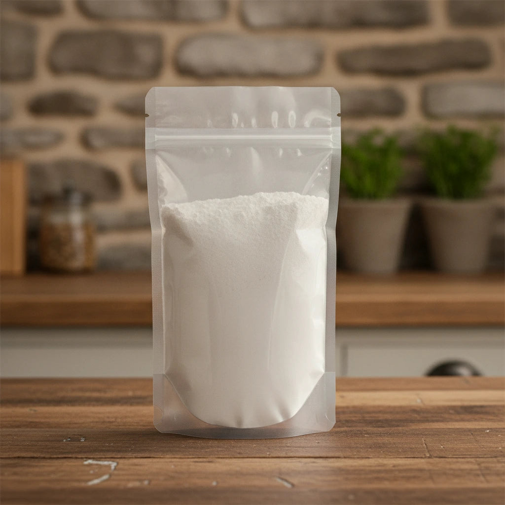 Oyster Shell Powder (Ostrea Spp.) | The herb/berry/powder/fruit/root/bark that is in the black bowl, i would like it to shown in a plastic stand up resalable pouch that is clear.
