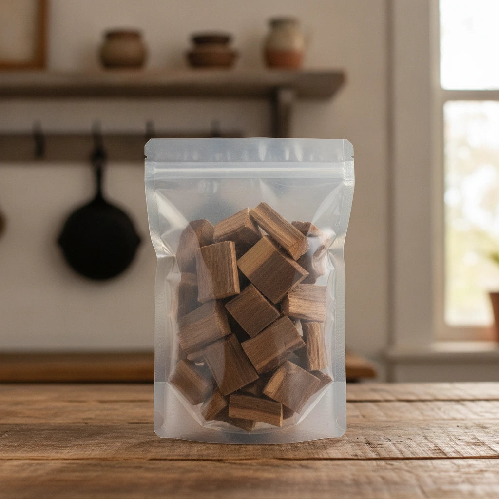 Palo Azul Wood Pieces (Eysenhardtia Polystachya) | The herb/berry/powder/fruit/root/bark that is in the black bowl, i would like it to shown in a plastic stand up resalable pouch that is clear.