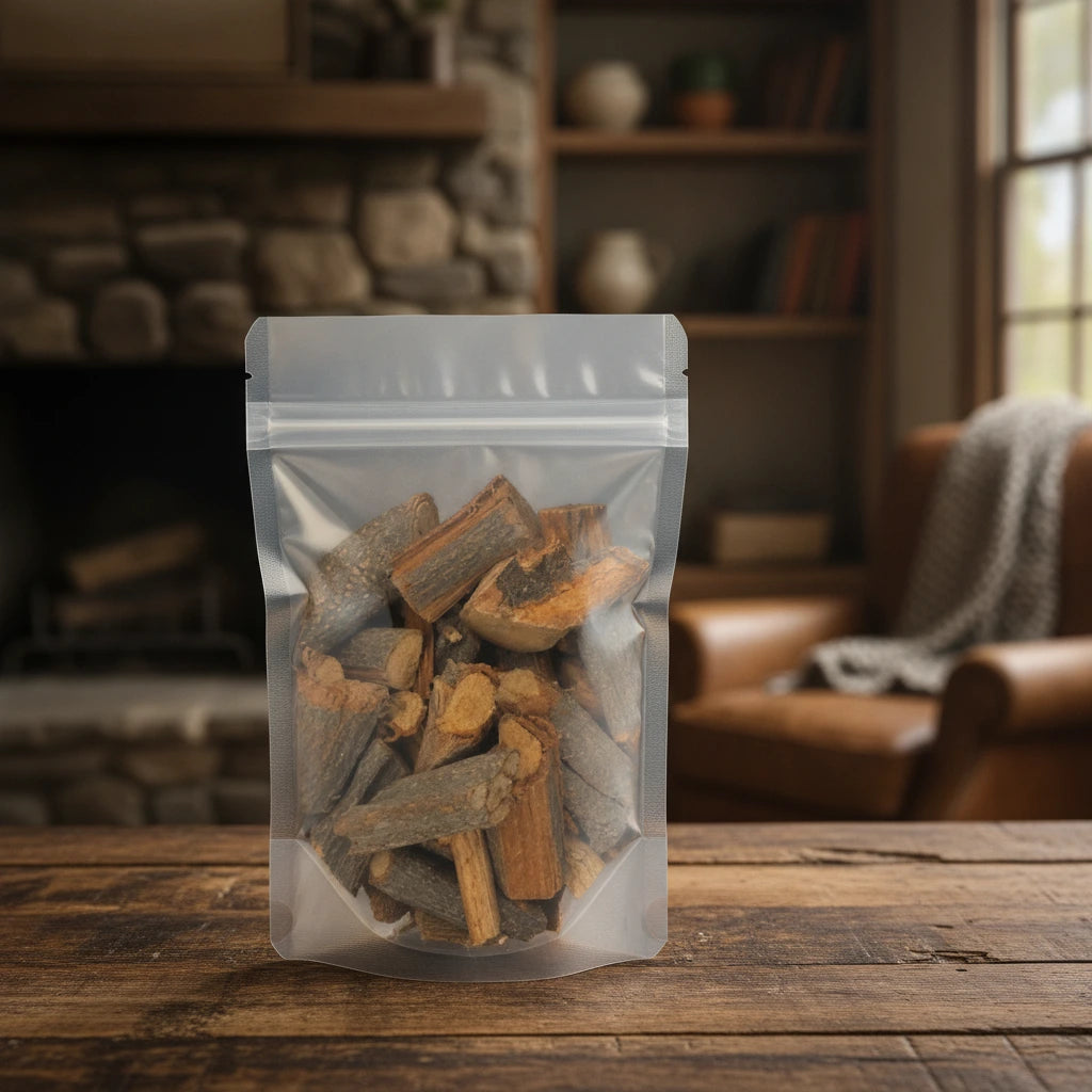 Palo Tres Costillas Stem Pieces (Serjania Triquetra) | The herb/berry/powder/fruit/root/bark that is in the black bowl, i would like it to shown in a plastic stand up resalable pouch that is clear.