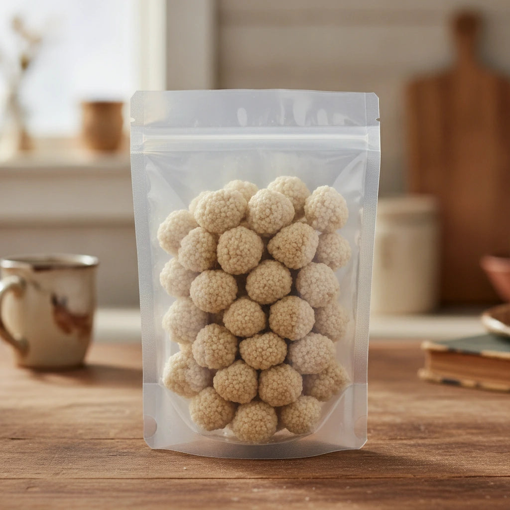 Panax Ginseng Flowers Whole (Panax Notoginseng) | The herb/berry/powder/fruit/root/bark that is in the black bowl, i would like it to shown in a plastic stand up resalable pouch that is clear.