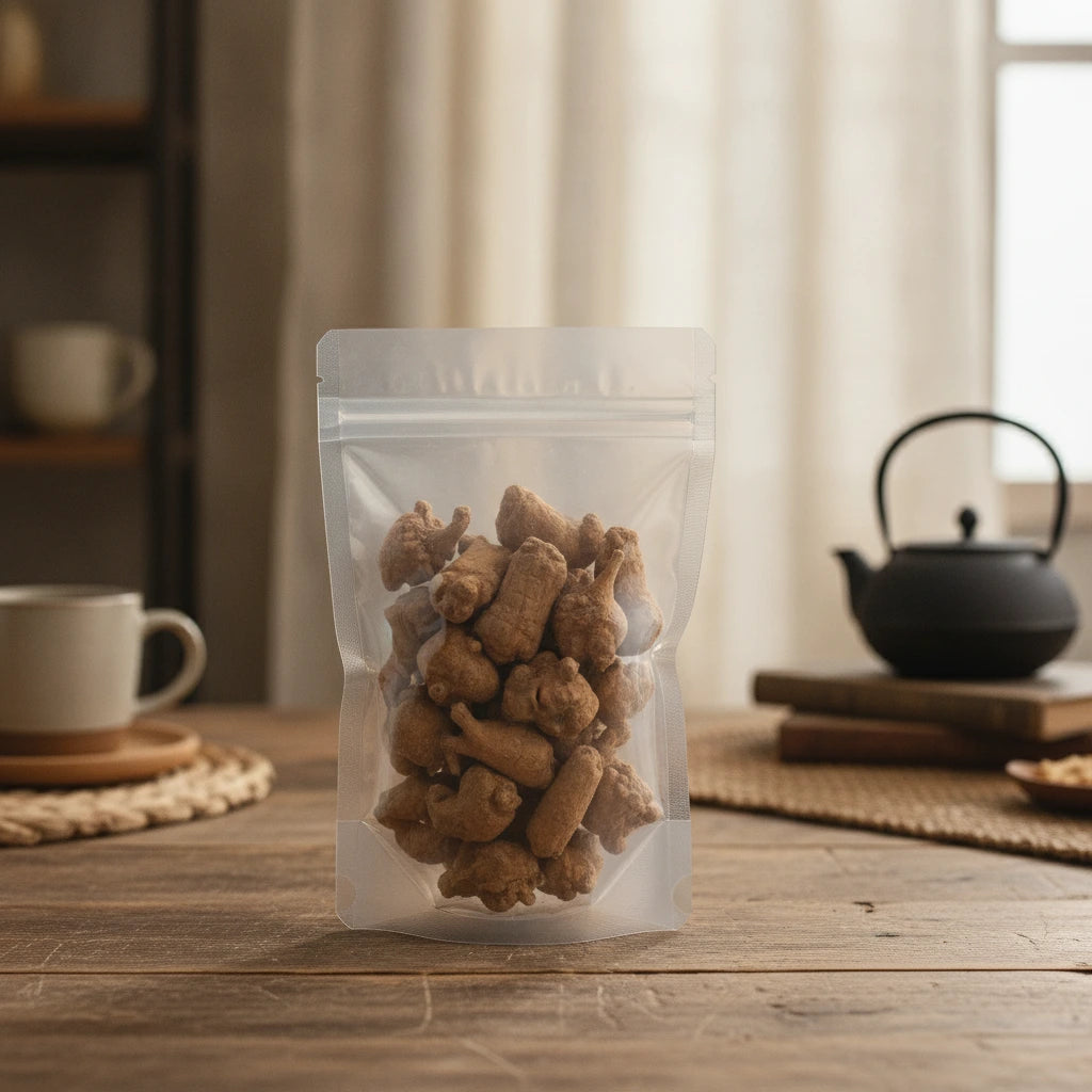 Panax Ginseng Root Whole (Panax Notoginseng) | The herb/berry/powder/fruit/root/bark that is in the black bowl, i would like it to shown in a plastic stand up resalable pouch that is clear.