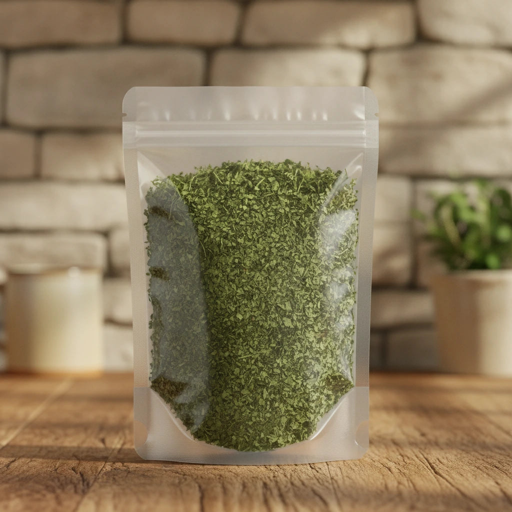 Papaya Leaf Cut (Carica Papaya) | The herb/berry/powder/fruit/root/bark that is in the black bowl, i would like it to shown in a plastic stand up resalable pouch that is clear.
