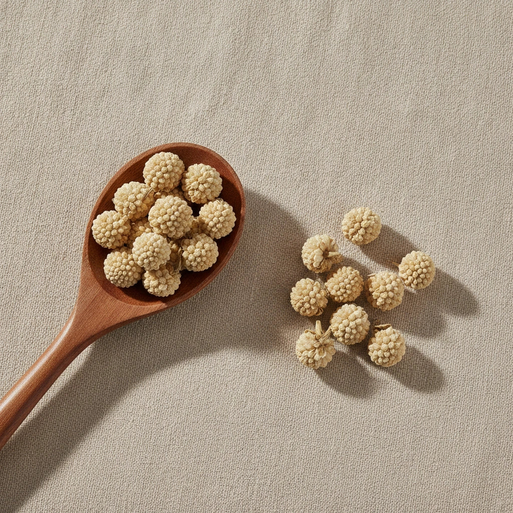 Paperbush Flower Whole (Edgeworthia Chrysantha) | Create a luxurious, photorealistic product photograph featuring the original product naturally arranged in an elegant handcrafted wooden spoon on a soft, finely