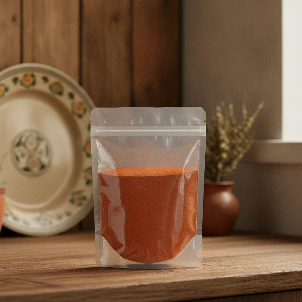Paprika Powder (Hungary) (Capsicum Annuum) | The herb/berry/powder/fruit/root/bark that is in the black bowl, i would like it to shown in a plastic stand up resalable pouch that is clear.