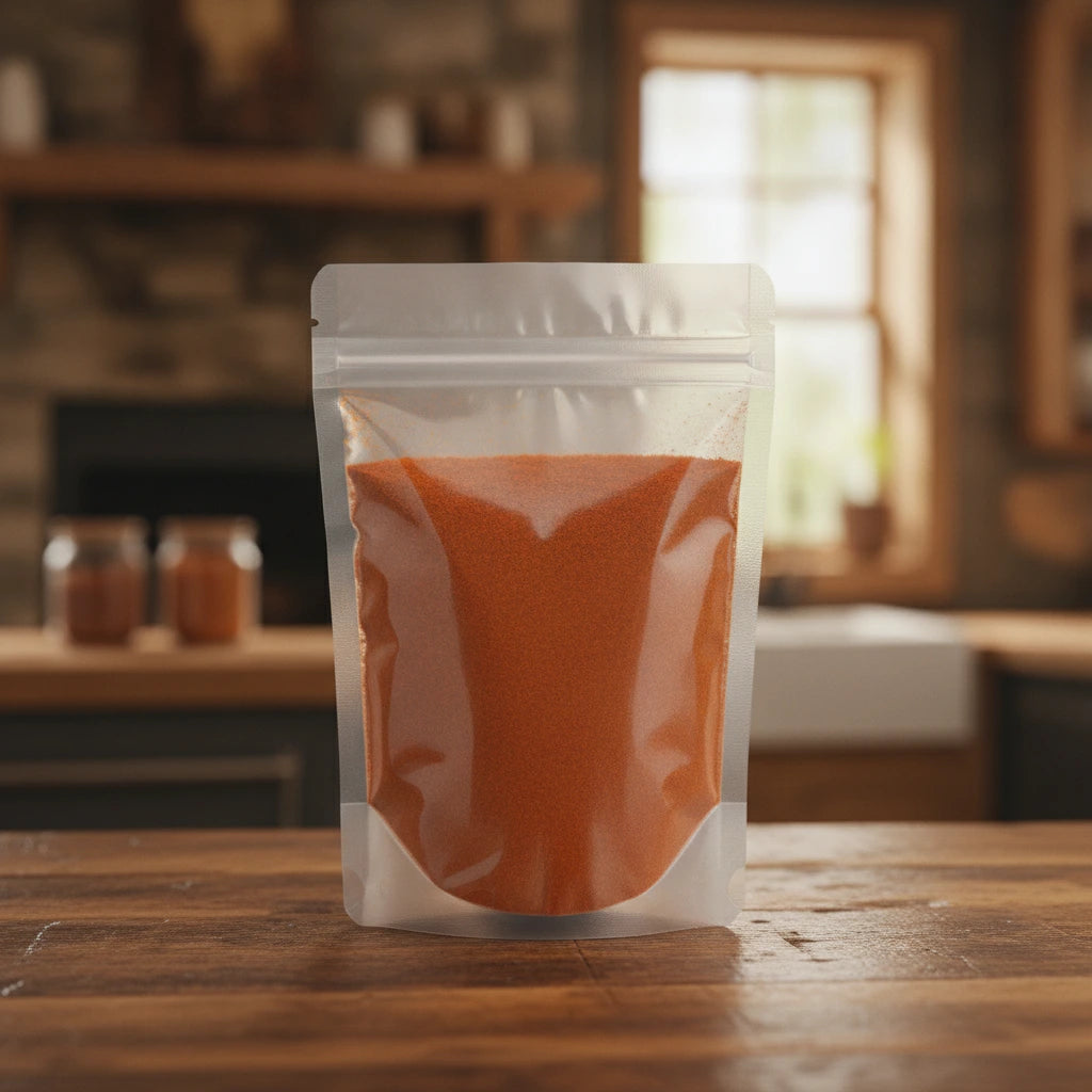 Paprika Powder (Spain) (Capsicum Annuum) | The herb/berry/powder/fruit/root/bark that is in the black bowl, i would like it to shown in a plastic stand up resalable pouch that is clear.