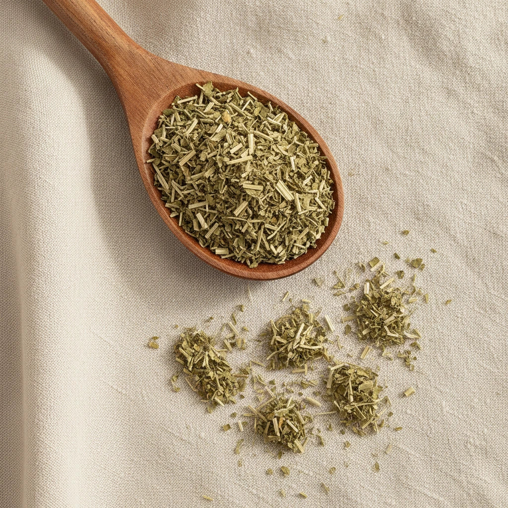 Passion Flower Herb Cut (Passiflora Incarnata) | Create a luxurious, photorealistic product photograph featuring the original product naturally arranged in an elegant handcrafted wooden spoon on a soft, finely