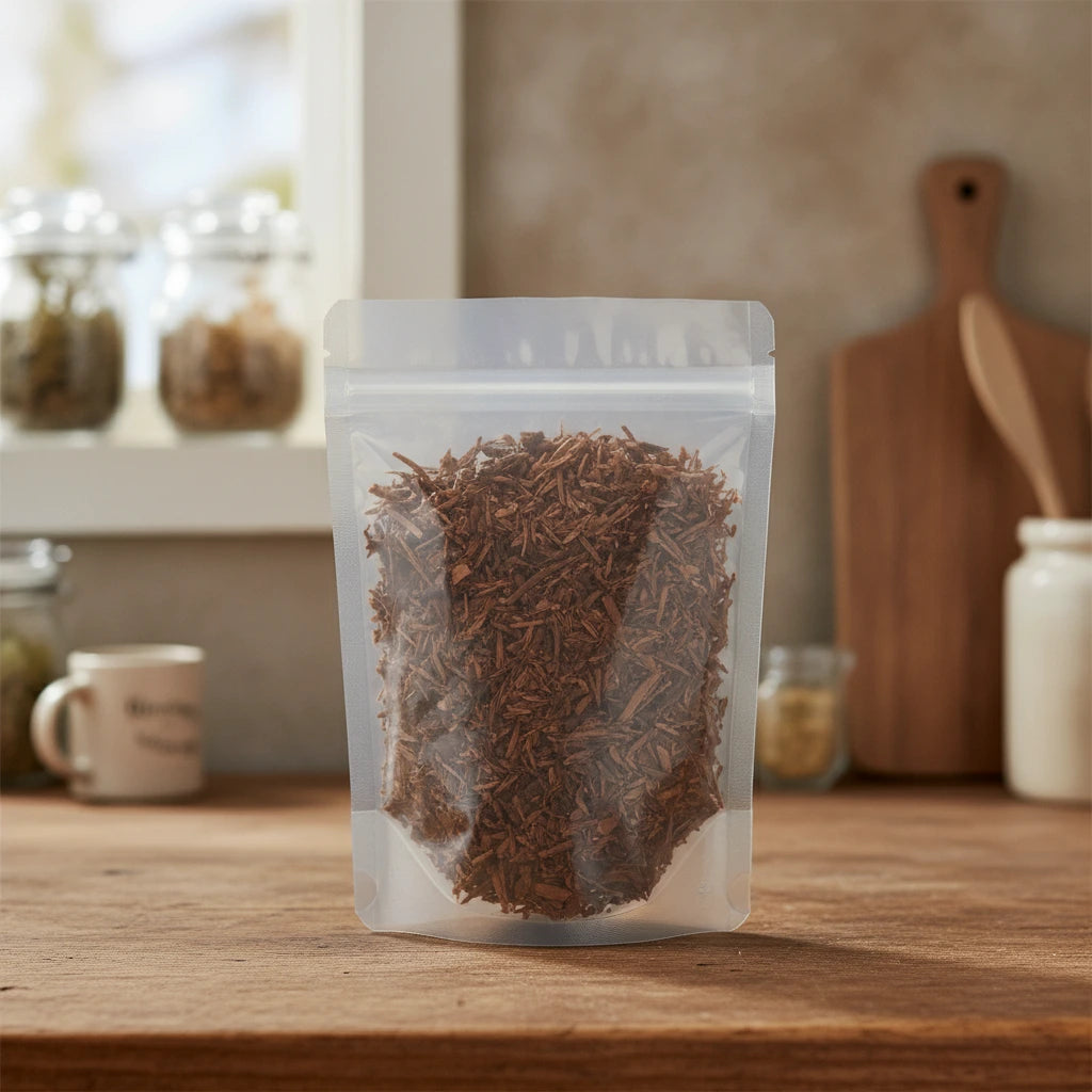 Pau d'Arco / Ipe Roxo Bark Cut (Tabebuia Impetiginosa) | The herb/berry/powder/fruit/root/bark that is in the black bowl, i would like it to shown in a plastic stand up resalable pouch that is clear.