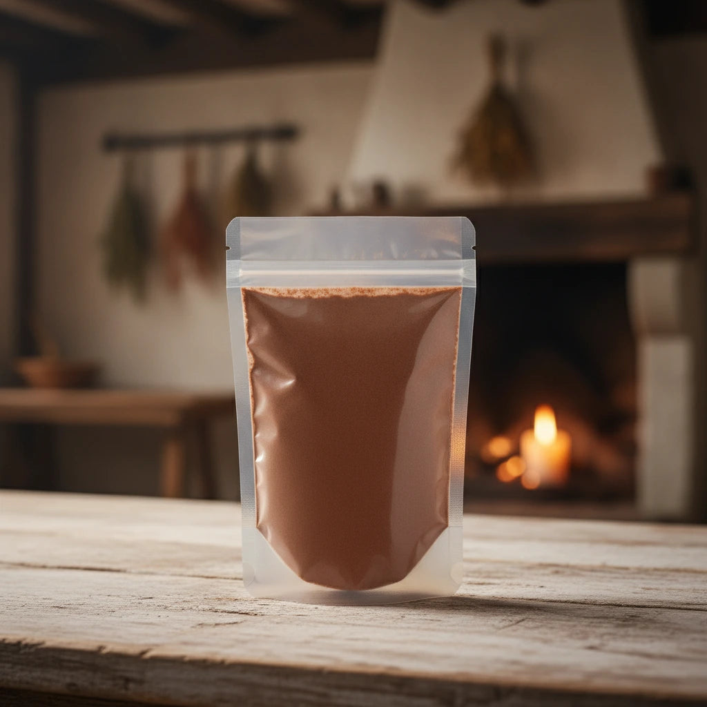 Pau d'Arco / Ipe Roxo Powder (Tabebuia Impetiginosa) | The herb/berry/powder/fruit/root/bark that is in the black bowl, i would like it to shown in a plastic stand up resalable pouch that is clear.