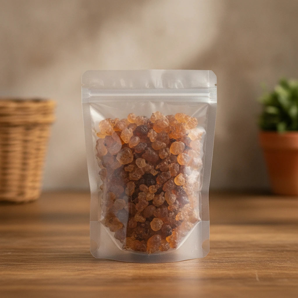 Peach Gum Resin Pieces (Prunus Persica) | The herb/berry/powder/fruit/root/bark that is in the black bowl, i would like it to shown in a plastic stand up resalable pouch that is clear.