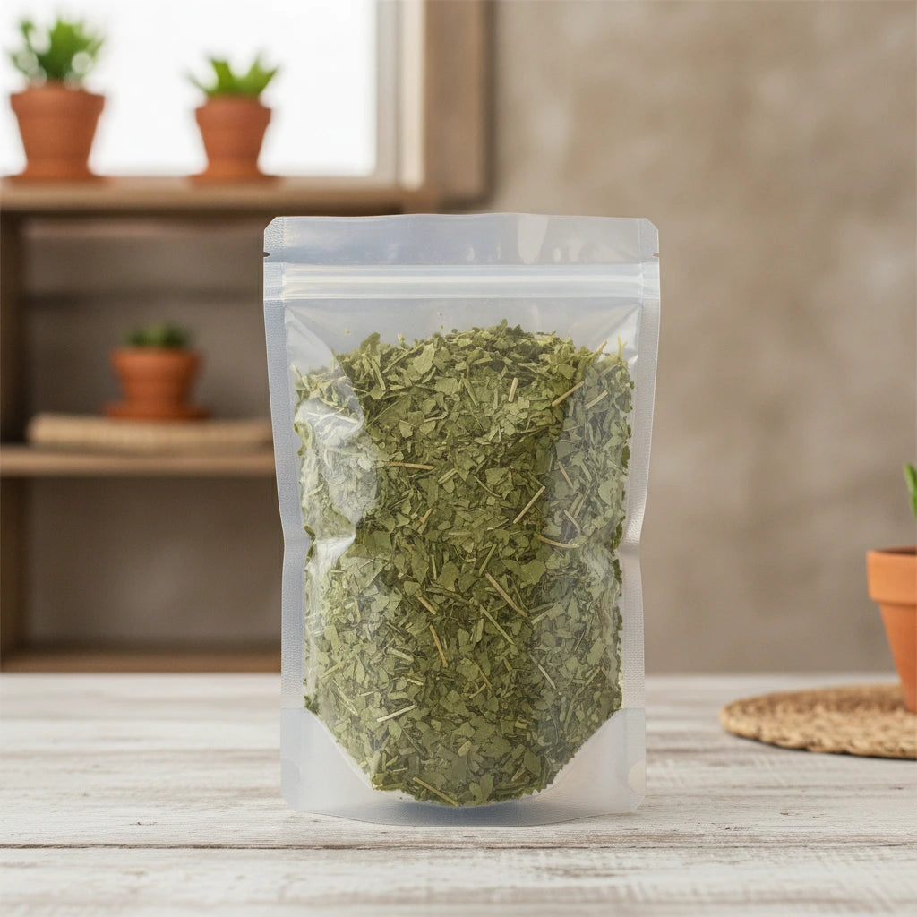 Peach Leaf Cut (Prunus persica) | The herb/berry/powder/fruit/root/bark that is in the black bowl, i would like it to shown in a plastic stand up resalable pouch that is clear.