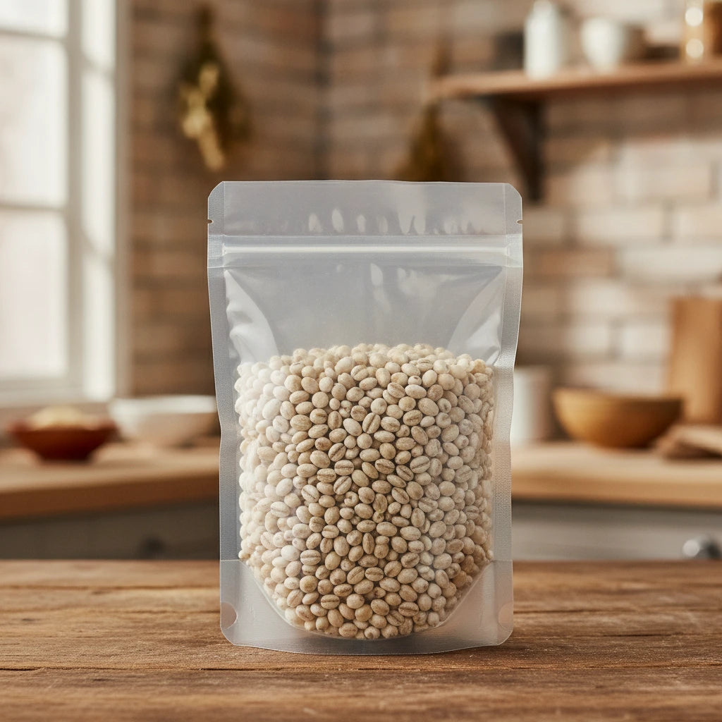 Pearl Barley Whole (Coix Lacryma-Jobi Var. Ma-Yuen) | The herb/berry/powder/fruit/root/bark/seeds that is in the black bowl, i would like it to shown in a plastic stand up resalable pouch that is clear.