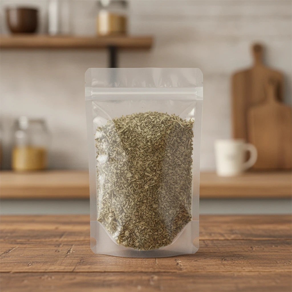 Pennyroyal Leaf Cut (Mentha Pulegium) | The herb/berry/powder/fruit/root/bark that is in the black bowl, i would like it to shown in a plastic stand up resalable pouch that is clear.