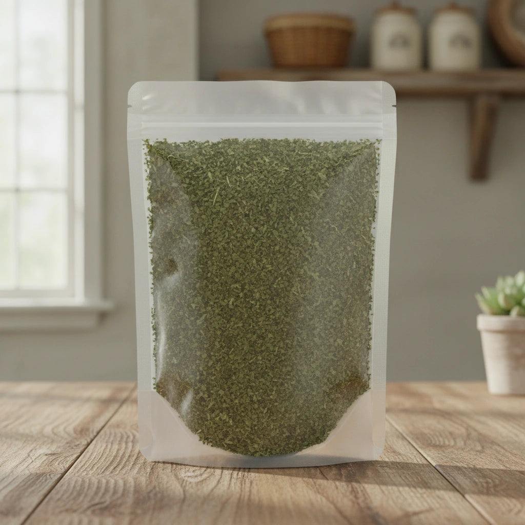 Peppermint Leaf Cut (USA) (Mentha Piperita) | The herb/berry/powder/fruit/root/bark that is in the black bowl, i would like it to shown in a plastic stand up resalable pouch that is clear.