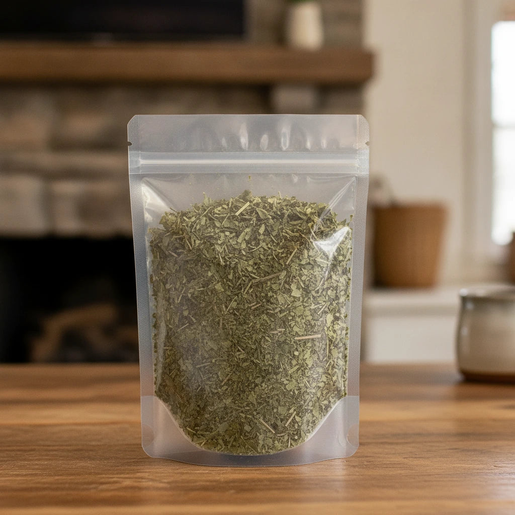 Periwinkle Herb Cut (Vinca Minor) | The herb/berry/powder/fruit/root/bark that is in the black bowl, i would like it to shown in a plastic stand up resalable pouch that is clear.
