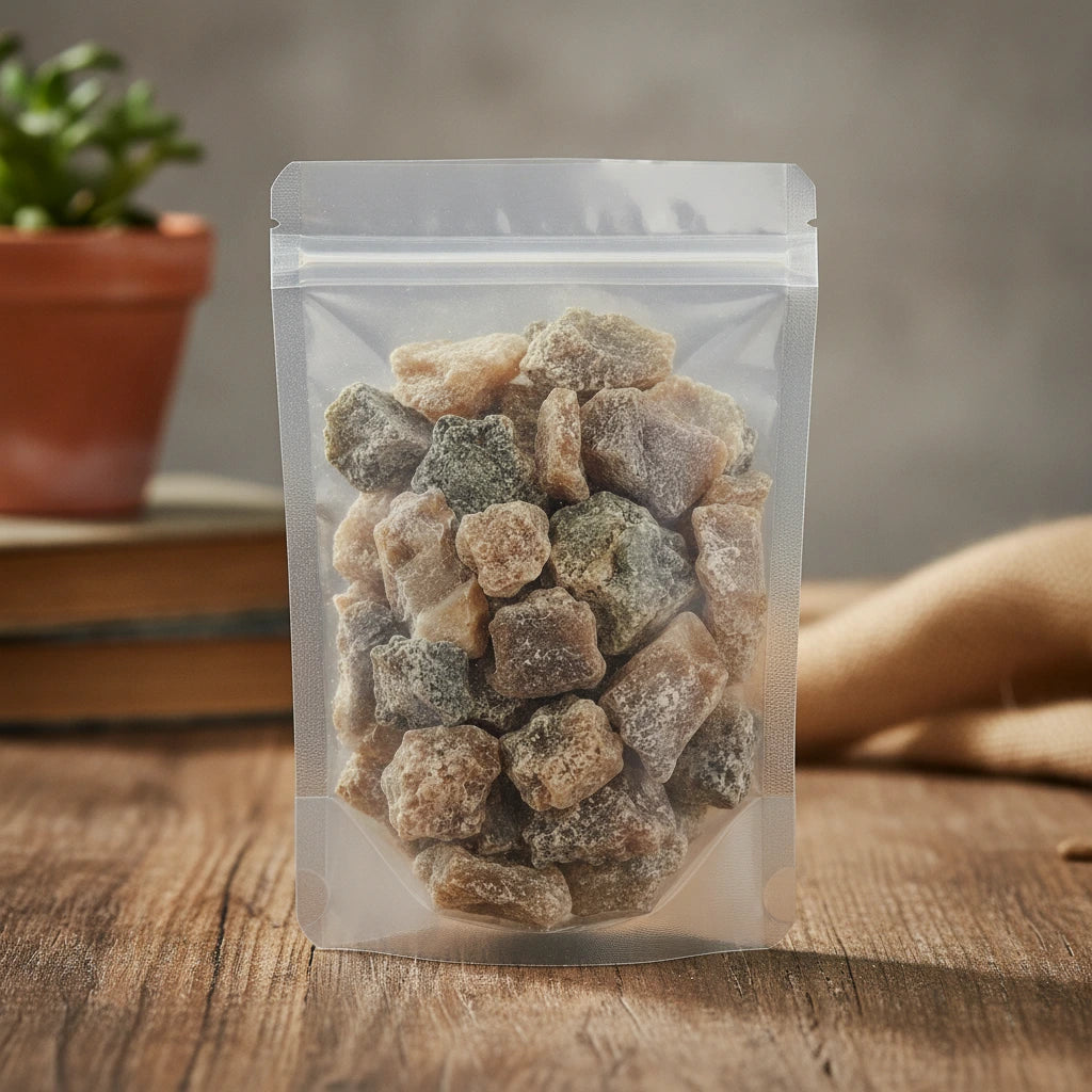 Peruvian Myrrh Resin Pieces (Protium Spp.) | The herb/berry/powder/fruit/root/bark that is in the black bowl, i would like it to shown in a plastic stand up resalable pouch that is clear.