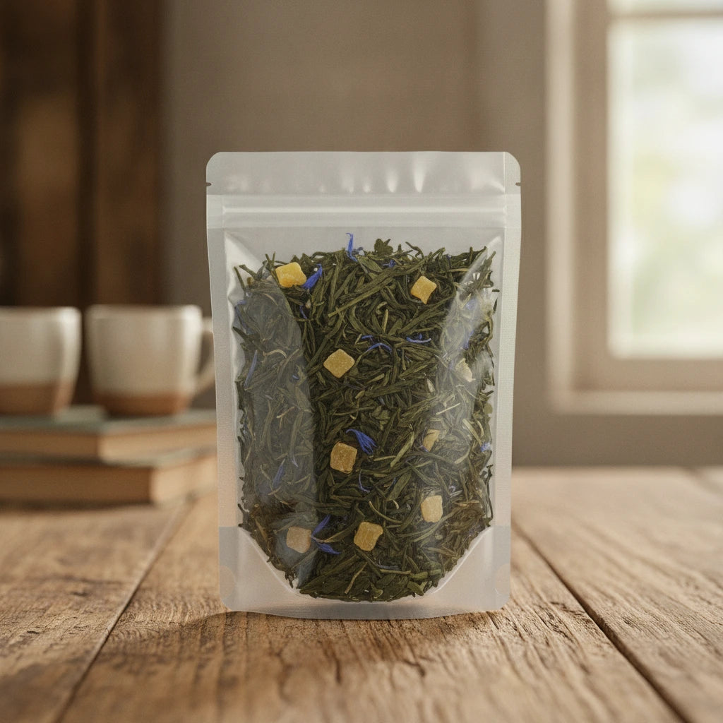 Pineapple Papaya Green Tea (Camellia Sinensis) | The herb/powder/tea that is in the black bowl, i would like it to shown in a plastic stand up resalable bag that is clear.
