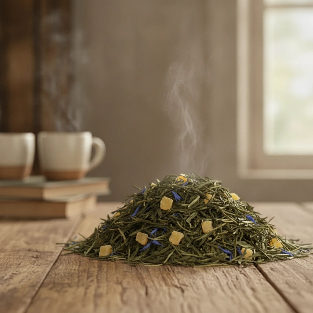 Pineapple Papaya Green Tea (Camellia Sinensis) | Can you show this tea outside of the bag and bowl, on a table next to a hot tea cup in a rustic home.
