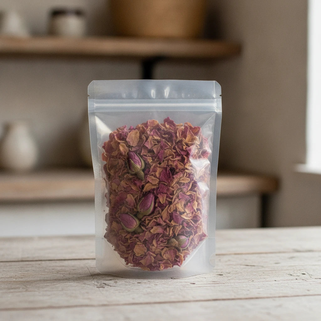 Pink Rose Buds & Petals Whole (Rosa Spp.) | The herb/berry/powder/fruit/root/bark that is in the black bowl, i would like it to shown in a plastic stand up resalable pouch that is clear.