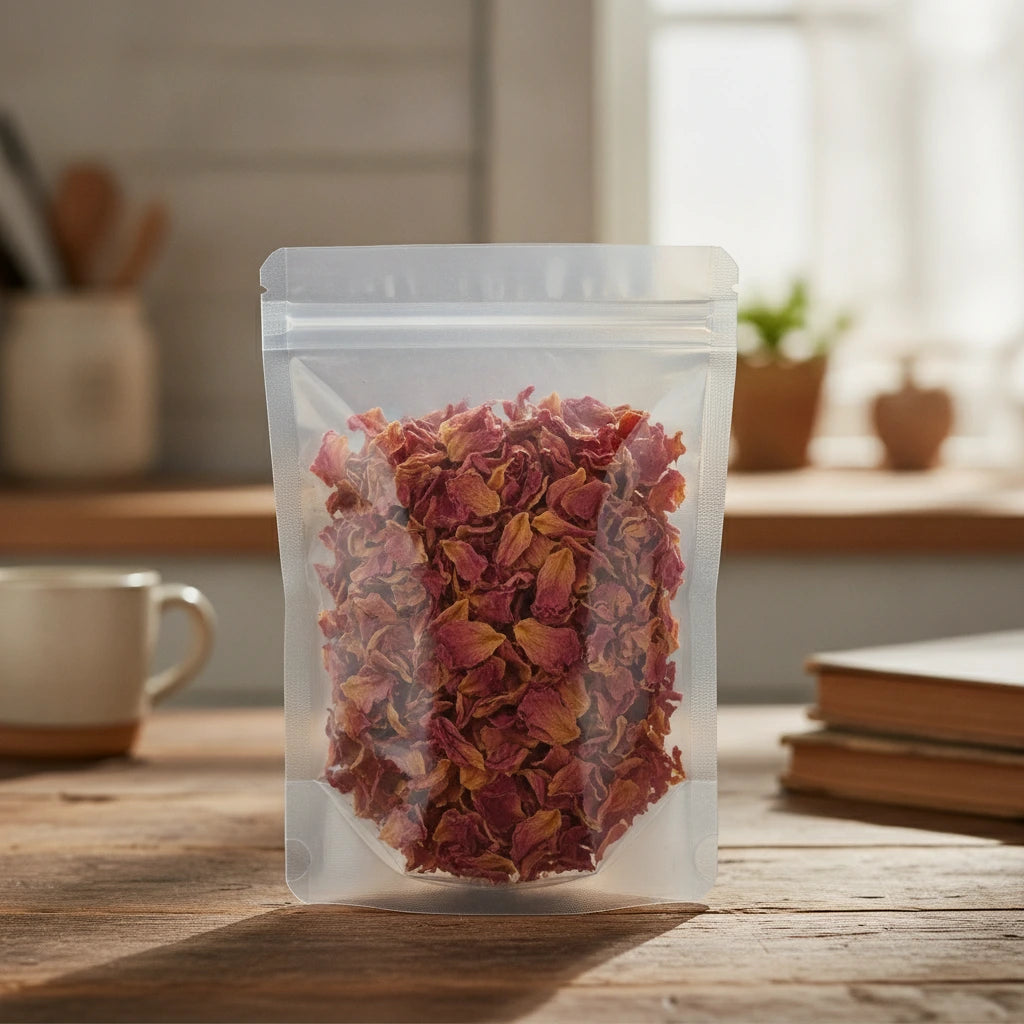Pink Rose Petals (Rosa Canina) | The herb/berry/powder/fruit/root/bark that is in the black bowl, i would like it to shown in a plastic stand up resalable pouch that is clear.
