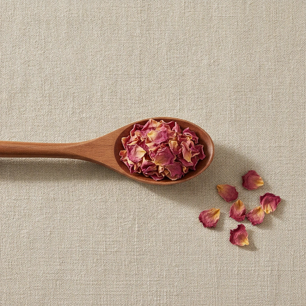 Pink Rose Petals (Rosa Canina) | Create a luxurious, photorealistic product photograph featuring the original product naturally arranged in an elegant handcrafted wooden spoon on a soft, finely
