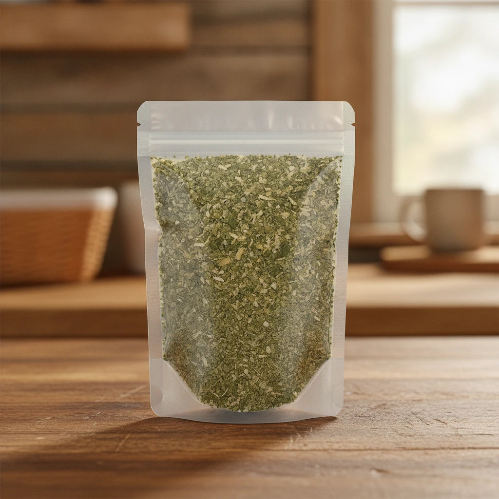 Pizza Sauce Seasoning Blend | The herb/berry/powder/fruit/root/bark that is in the black bowl, i would like it to shown in a plastic stand up resalable pouch that is clear.