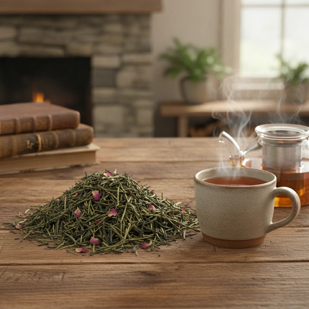 Pomegranate Green Tea (Camellia Sinensis) | Can you show this tea outside of the bag and bowl, on a table next to a hot tea cup in a rustic home.