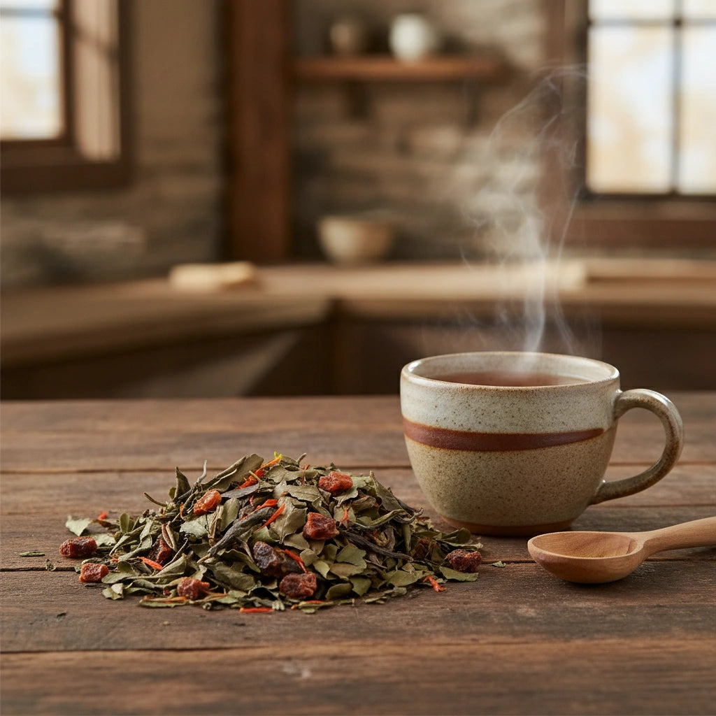 Pomegranate White Tea (Camellia Sinensis) | Can you show this tea outside of the bag and bowl, on a table next to a hot tea cup in a rustic home.