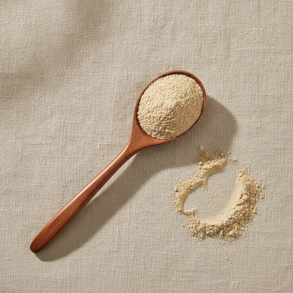 Prickly Pear Cactus Powder (Opuntia Ficus-indica) | Create a luxurious, photorealistic product photograph featuring the original product naturally arranged in an elegant handcrafted wooden spoon on a soft, finely