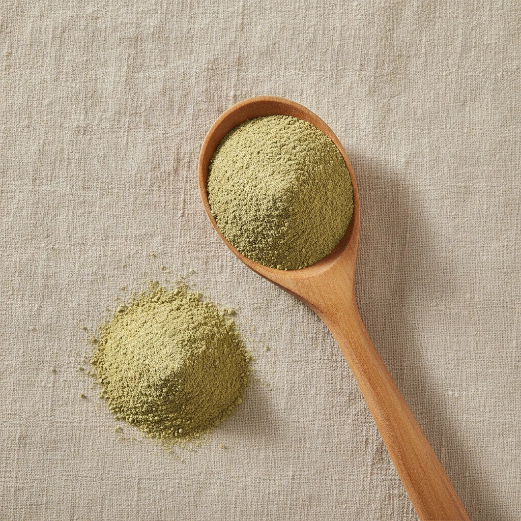 Prodigiosa Herb Powder (Brickellia Grandiflora) | Create a luxurious, photorealistic product photograph featuring the original product naturally arranged in an elegant handcrafted wooden spoon on a soft, finely