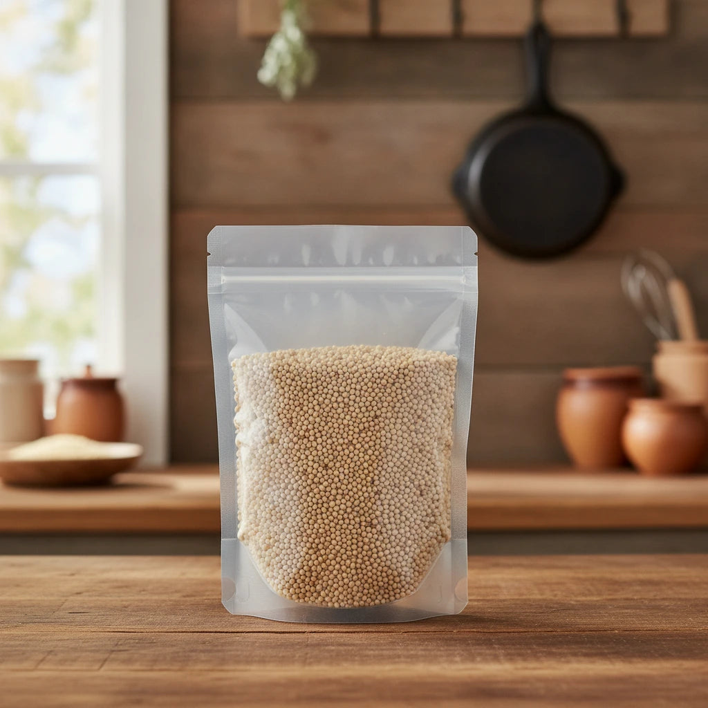 Proso Millet Whole (Panicum Miliaceum) | The herb/berry/powder/fruit/root/bark/seeds that is in the black bowl, i would like it to shown in a plastic stand up resalable pouch that is clear.