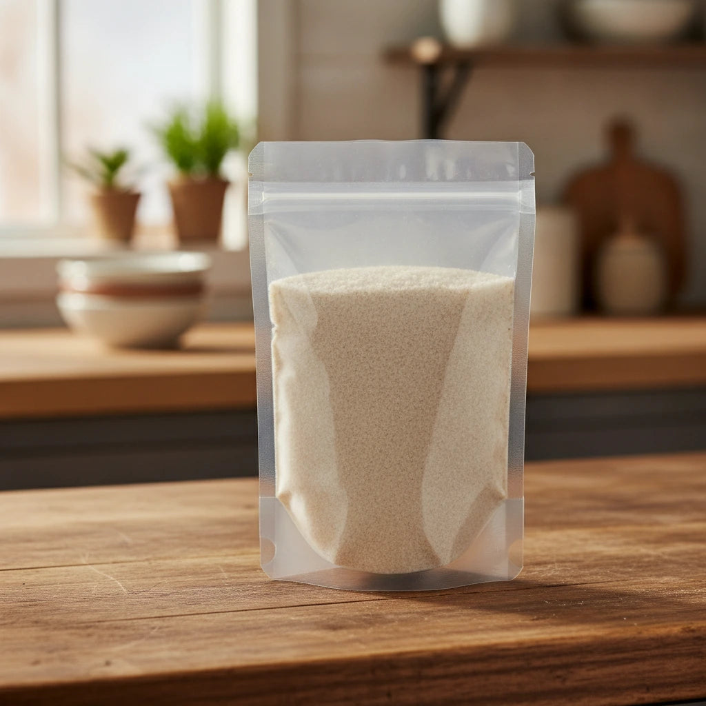 Psyllium Husks Powder (Plantago Ovata) | The herb/berry/powder/fruit/root/bark that is in the black bowl, i would like it to shown in a plastic stand up resalable pouch that is clear.
