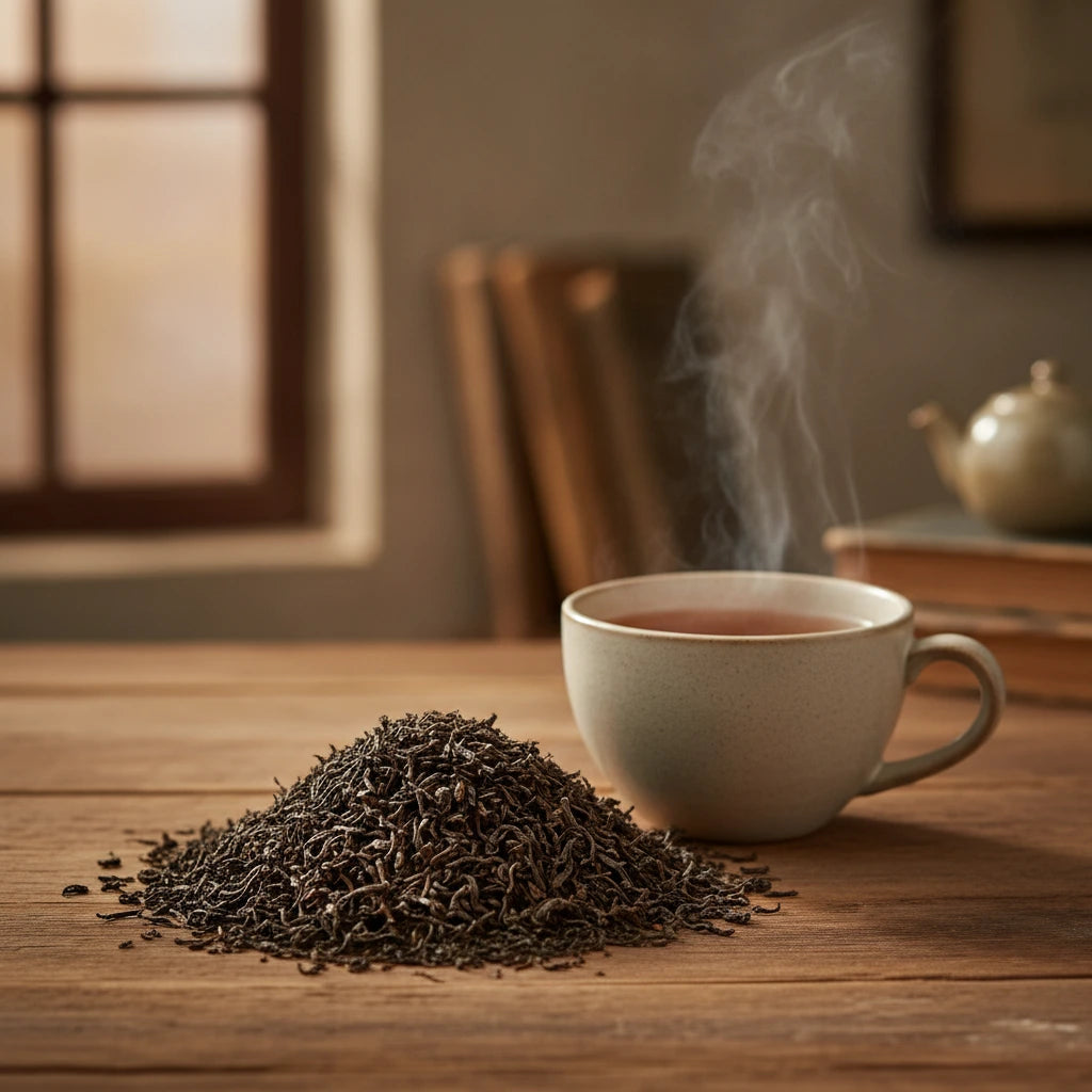 Pu-erh Small Leaf Tea (Camellia Sinensis) | Can you show this tea outside of the bag and bowl, on a table next to a hot tea cup in a rustic home.