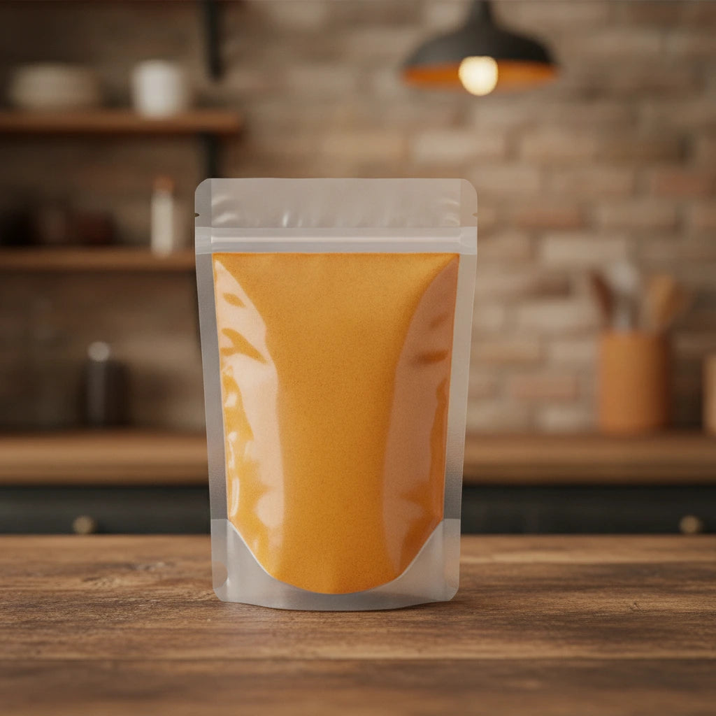 Pumpkin Fruit Powder (Curcubita Moschuta) | The herb/berry/powder/fruit/root/bark that is in the black bowl, i would like it to shown in a plastic stand up resalable pouch that is clear.