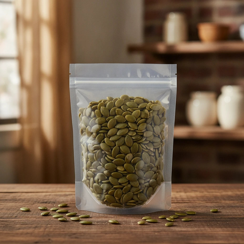 Pumpkin Seeds Whole (Cucurbita Species) | The herb/berry/powder/fruit/root/bark/seeds that is in the black bowl, i would like it to shown in a plastic stand up resalable pouch that is clear.