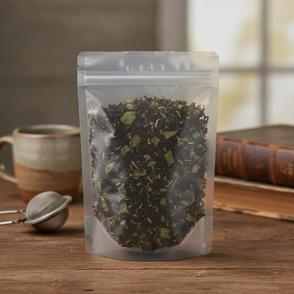 Raspberry Fruit Black Tea (Camellia Sinensis) | The herb/powder/tea that is in the black bowl, i would like it to shown in a plastic stand up resalable bag that is clear.