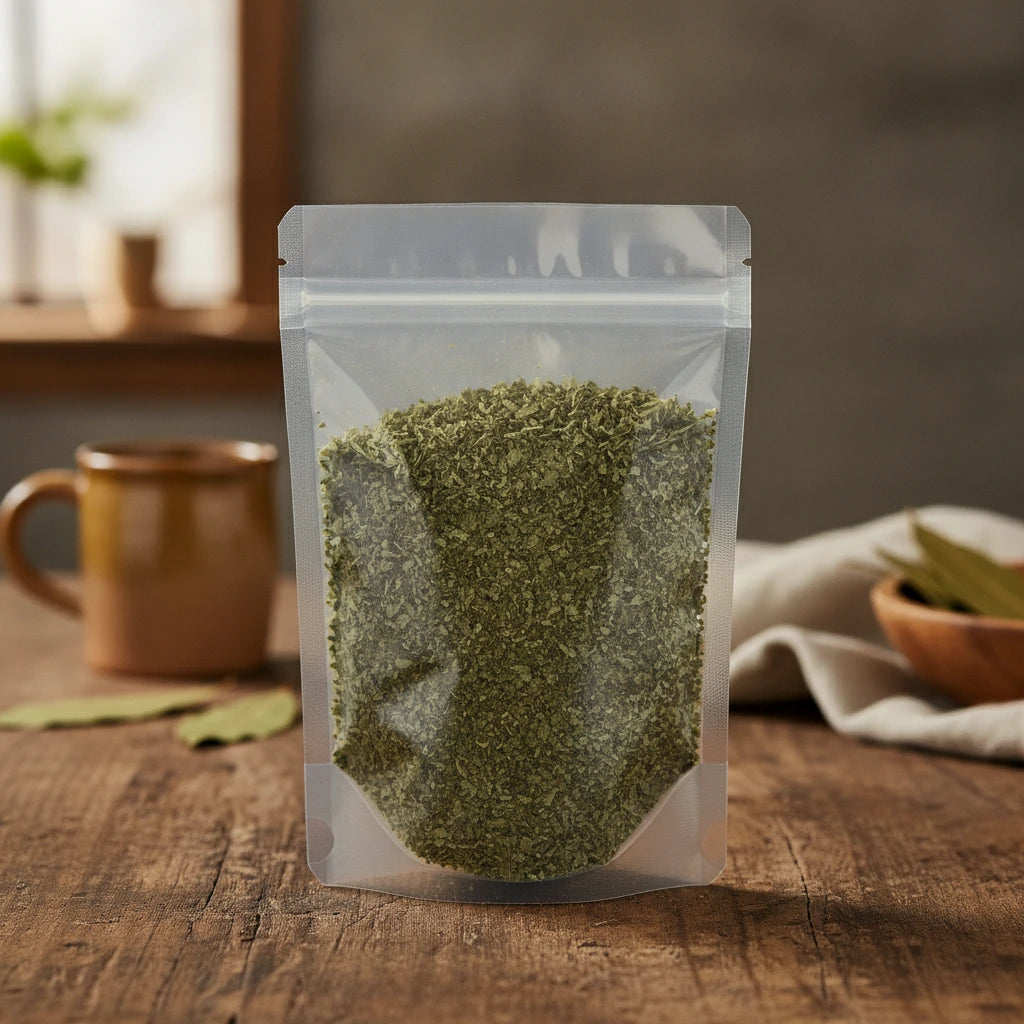 Raspberry Leaf Cut (Rubus Idaeus) | The herb/berry/powder/fruit/root/bark that is in the black bowl, i would like it to shown in a plastic stand up resalable pouch that is clear.