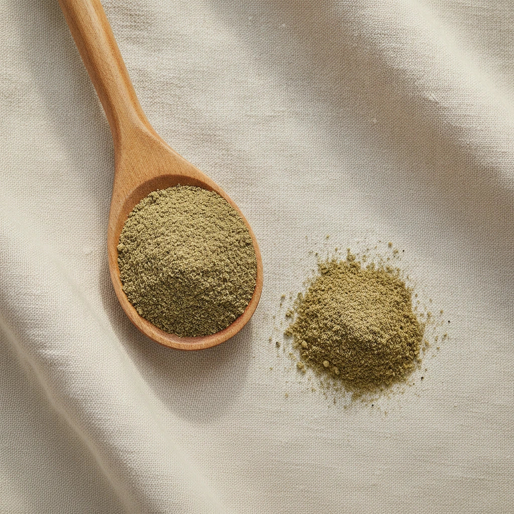Red Clover Herb Powder (Trifolium Pratense) | Create a luxurious, photorealistic product photograph featuring the original product naturally arranged in an elegant handcrafted wooden spoon on a soft, finely