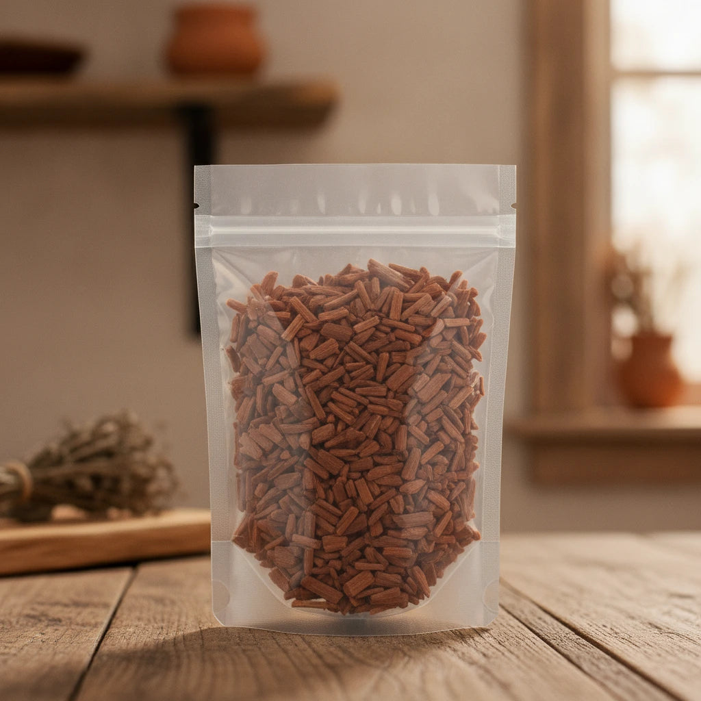 Red Sandalwood Cut (Pterocarpus Santalinus) | The herb/berry/powder/fruit/root/bark that is in the black bowl, i would like it to shown in a plastic stand up resalable pouch that is clear.