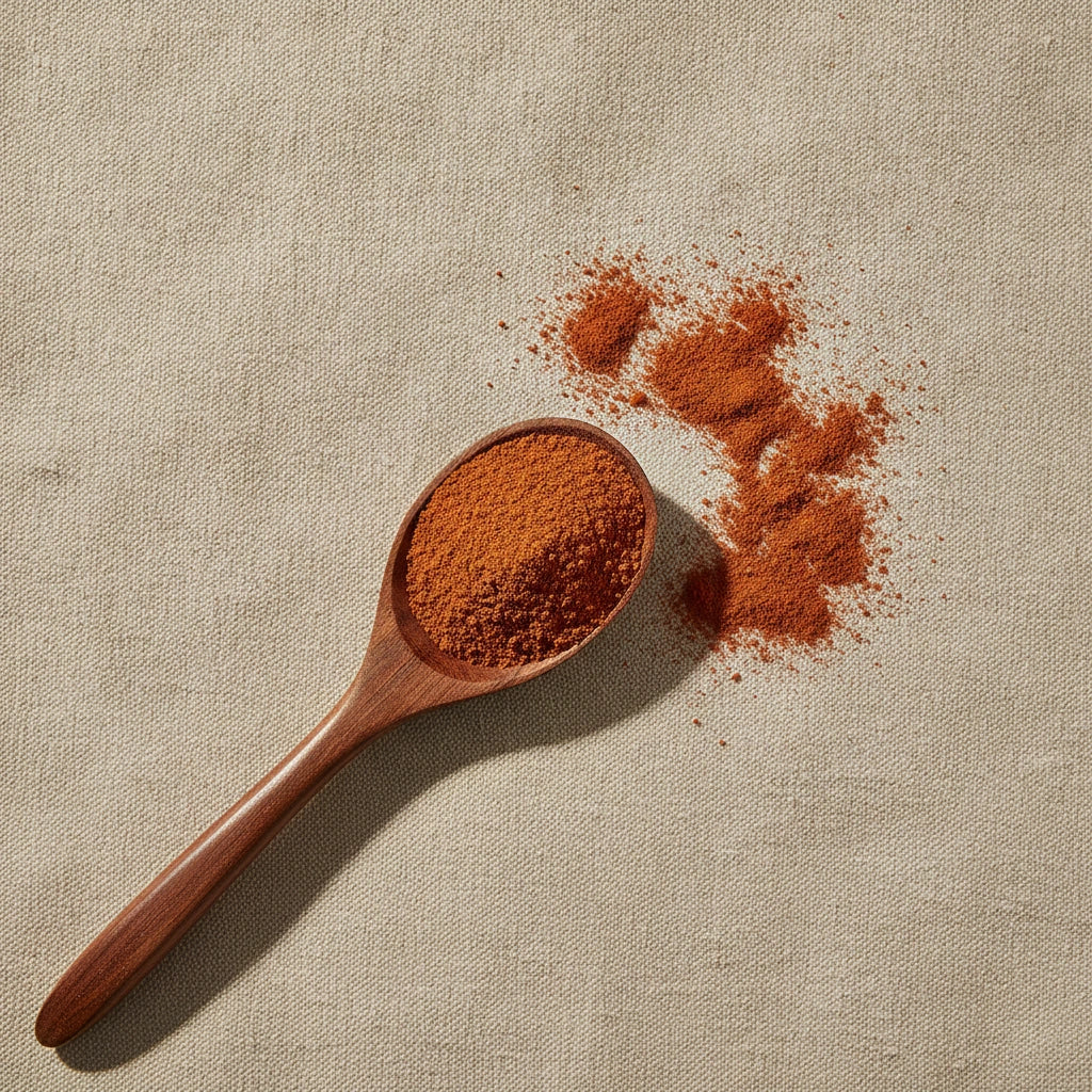 Red Sandalwood Powder (Pterocarpus Santalinus) | Create a luxurious, photorealistic product photograph featuring the original product naturally arranged in an elegant handcrafted wooden spoon on a soft, finely