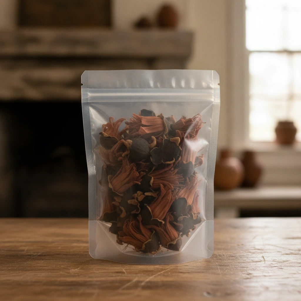 Red Silk-Cotton Flower Whole (Bombax Ceiba) | The herb/berry/powder/fruit/root/bark that is in the black bowl, i would like it to shown in a plastic stand up resalable pouch that is clear.
