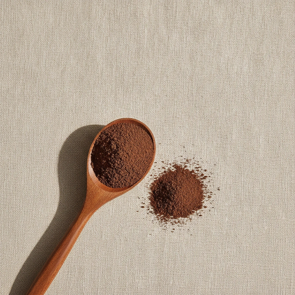 Rehmannia Root Powder (Rehmannia Glutinosa) | Create a luxurious, photorealistic product photograph featuring the original product naturally arranged in an elegant handcrafted wooden spoon on a soft, finely