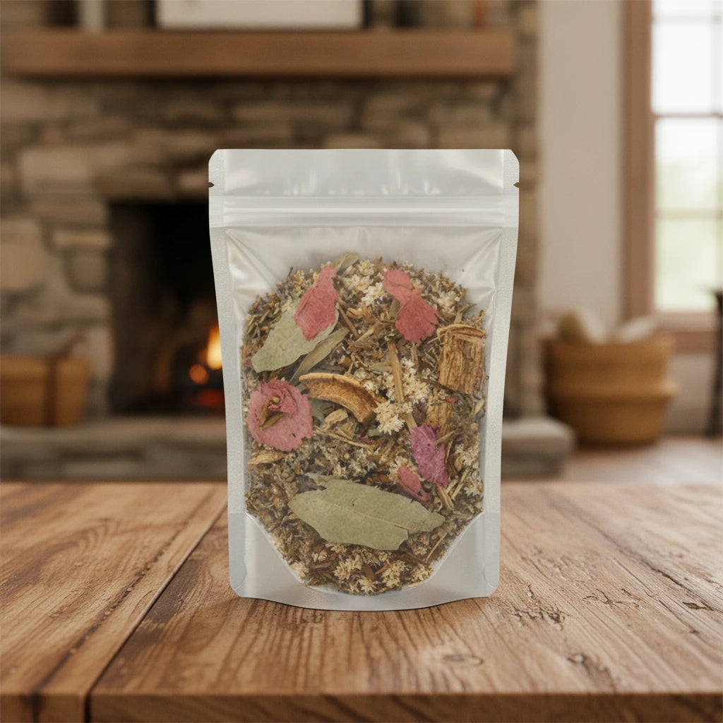 Respiratory Wellness Herbal Tea | The herb/powder/tea that is in the black bowl, i would like it to shown in a plastic stand up resalable bag that is clear.